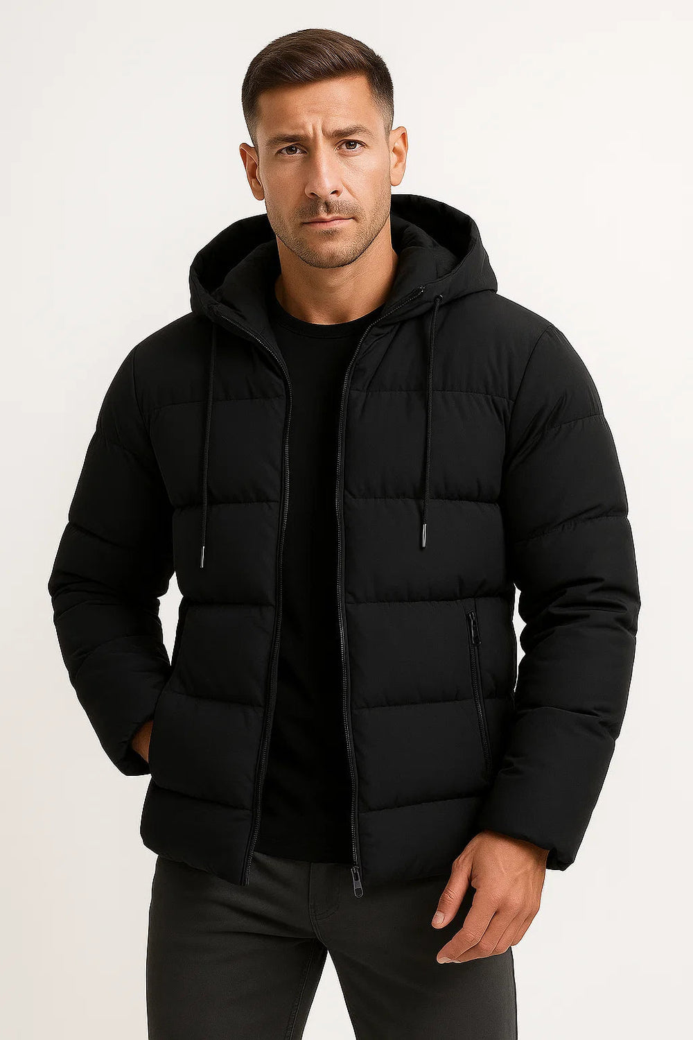 Men's Quilted Woven Jacket with Hood and Zip Pockets