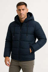 Men's Quilted Woven Jacket with Hood and Zip Pockets