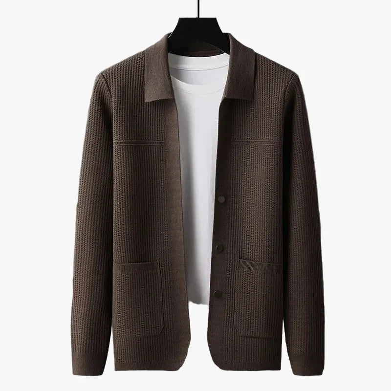 Men's Rib Knit Cardigan with Button Front and Patch Pockets