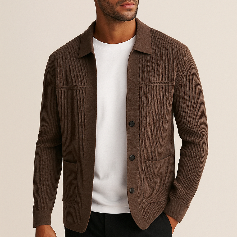 Men's Rib Knit Cardigan with Button Front and Patch Pockets