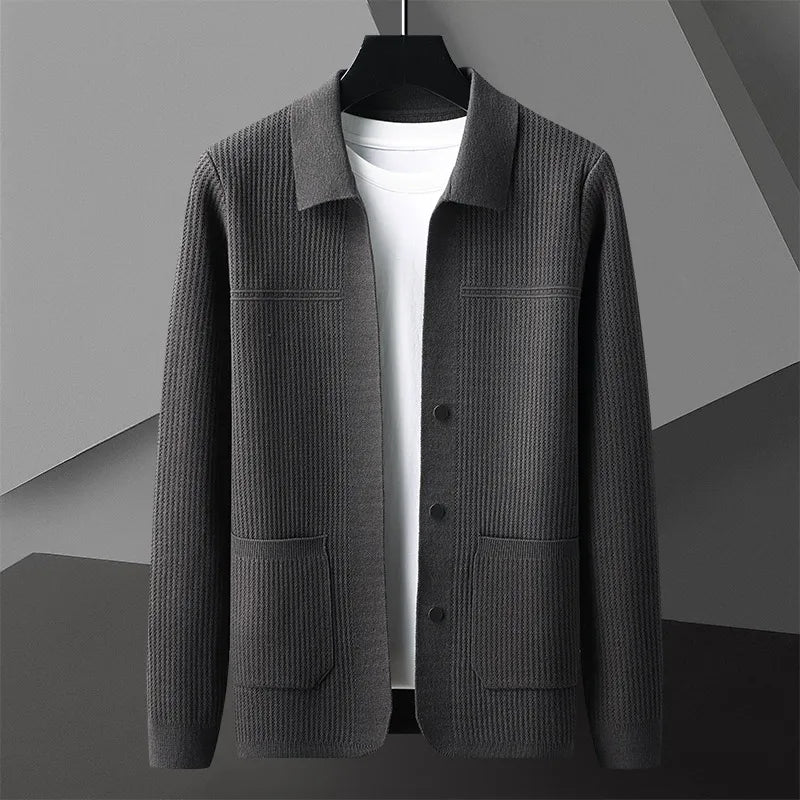Men's Rib Knit Cardigan with Button Front and Patch Pockets