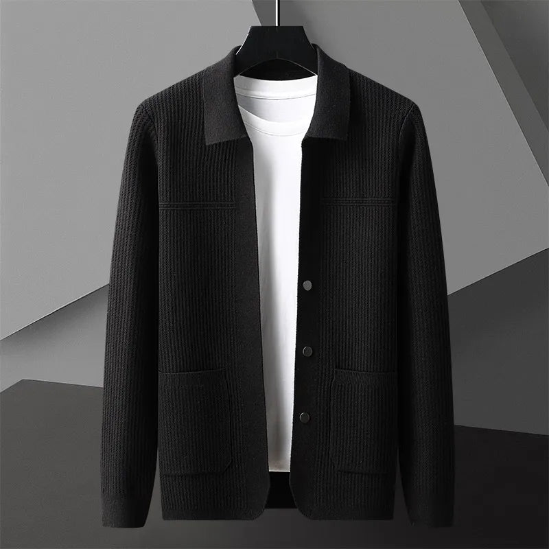 Men's Rib Knit Cardigan with Button Front and Patch Pockets