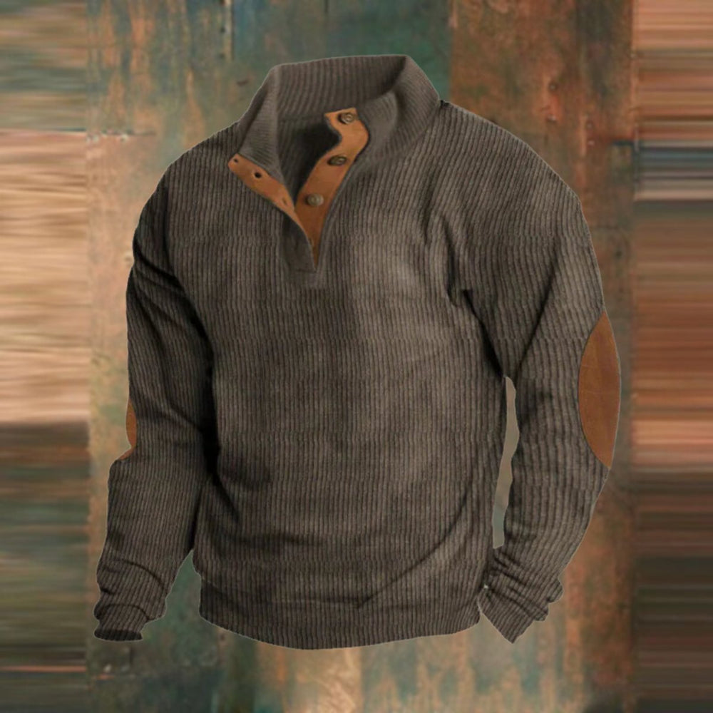 James | Men's Ribbed Knit Sweater Henley Pullover Elbow Patch Quarter Snap