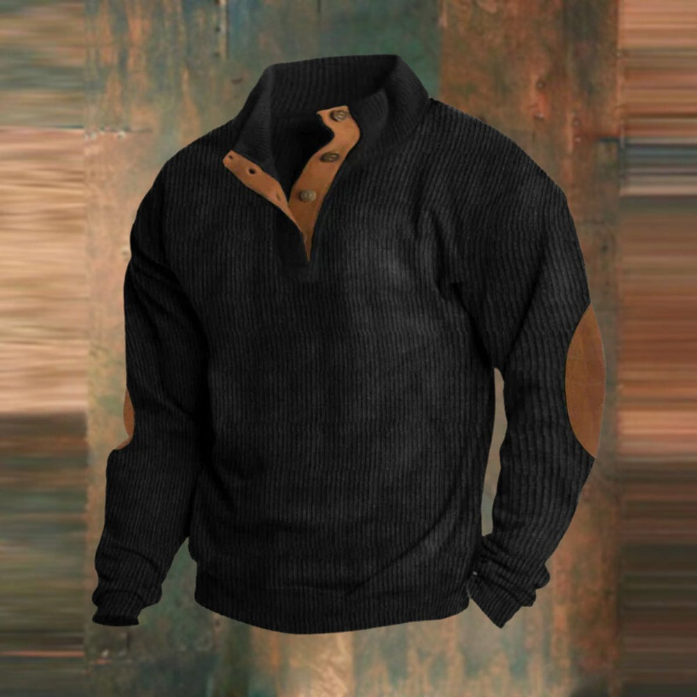 James | Men's Ribbed Knit Sweater Henley Pullover Elbow Patch Quarter Snap