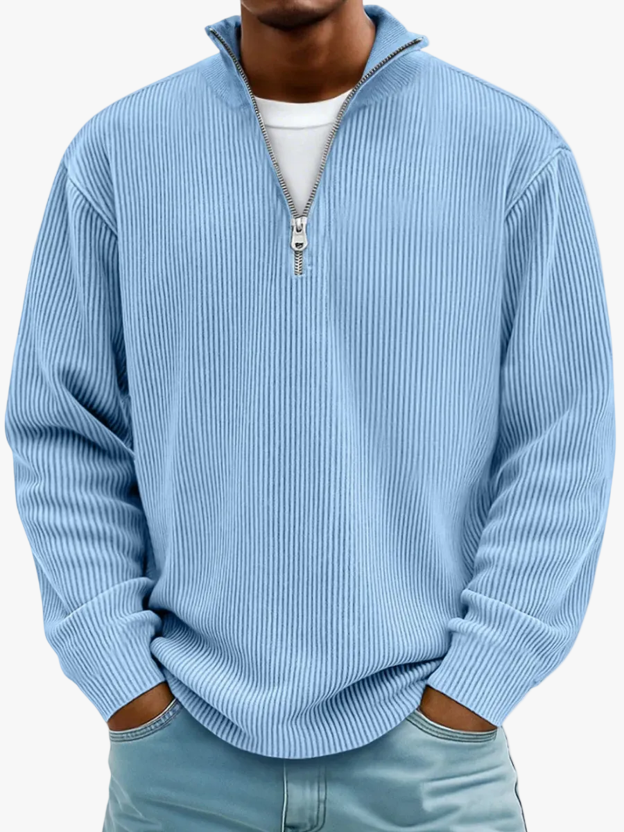 Men's Ribbed Knit Sweater with Quarter Zip and Stand Collar