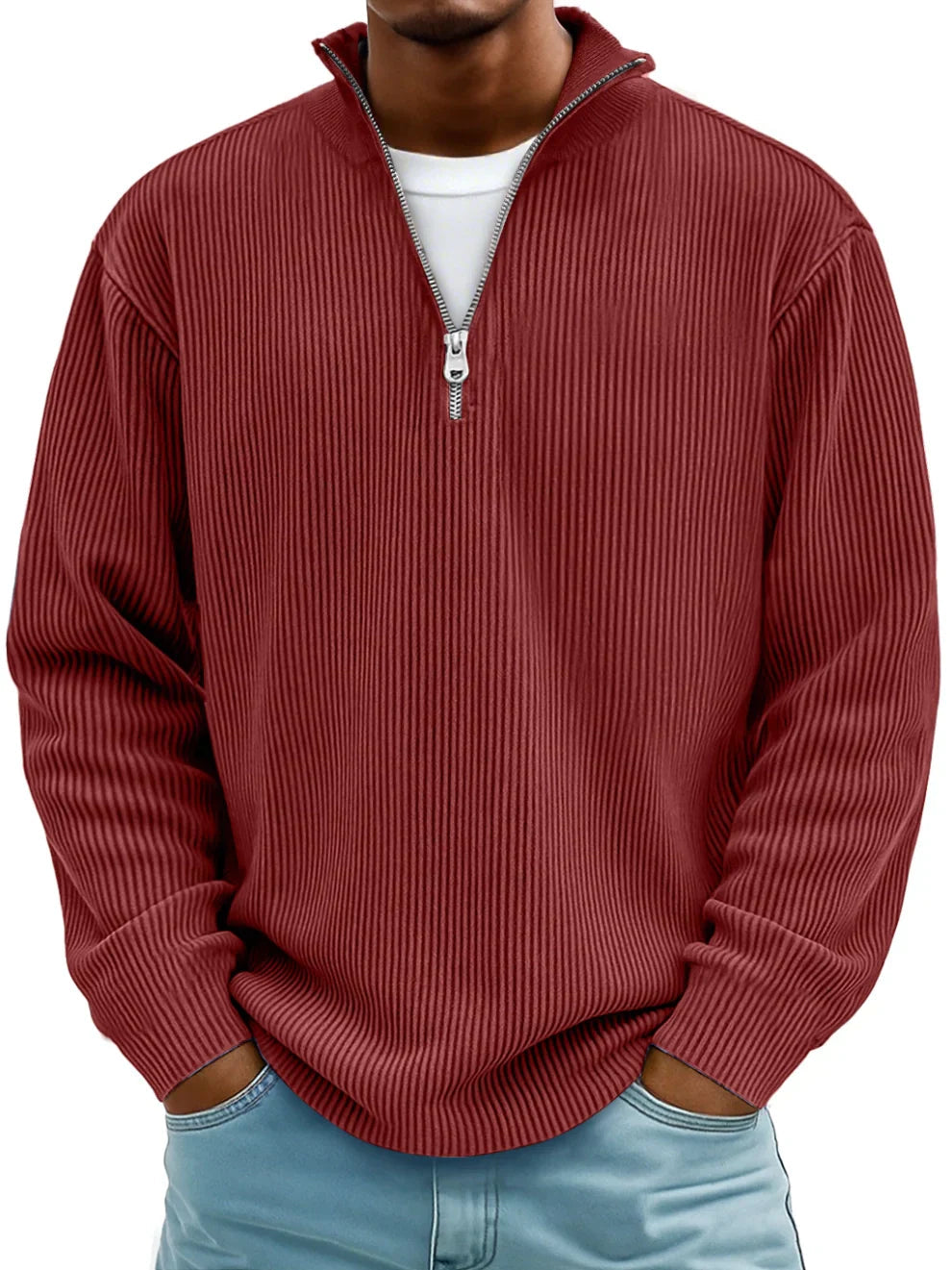 Men's Ribbed Knit Sweater with Quarter Zip and Stand Collar