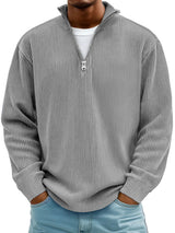 Men's Ribbed Knit Sweater with Quarter Zip and Stand Collar
