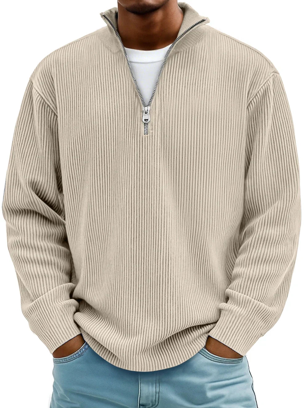 Men's Ribbed Knit Sweater with Quarter Zip and Stand Collar