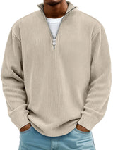 Men's Ribbed Knit Sweater with Quarter Zip and Stand Collar