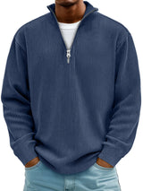 Men's Ribbed Knit Sweater with Quarter Zip and Stand Collar