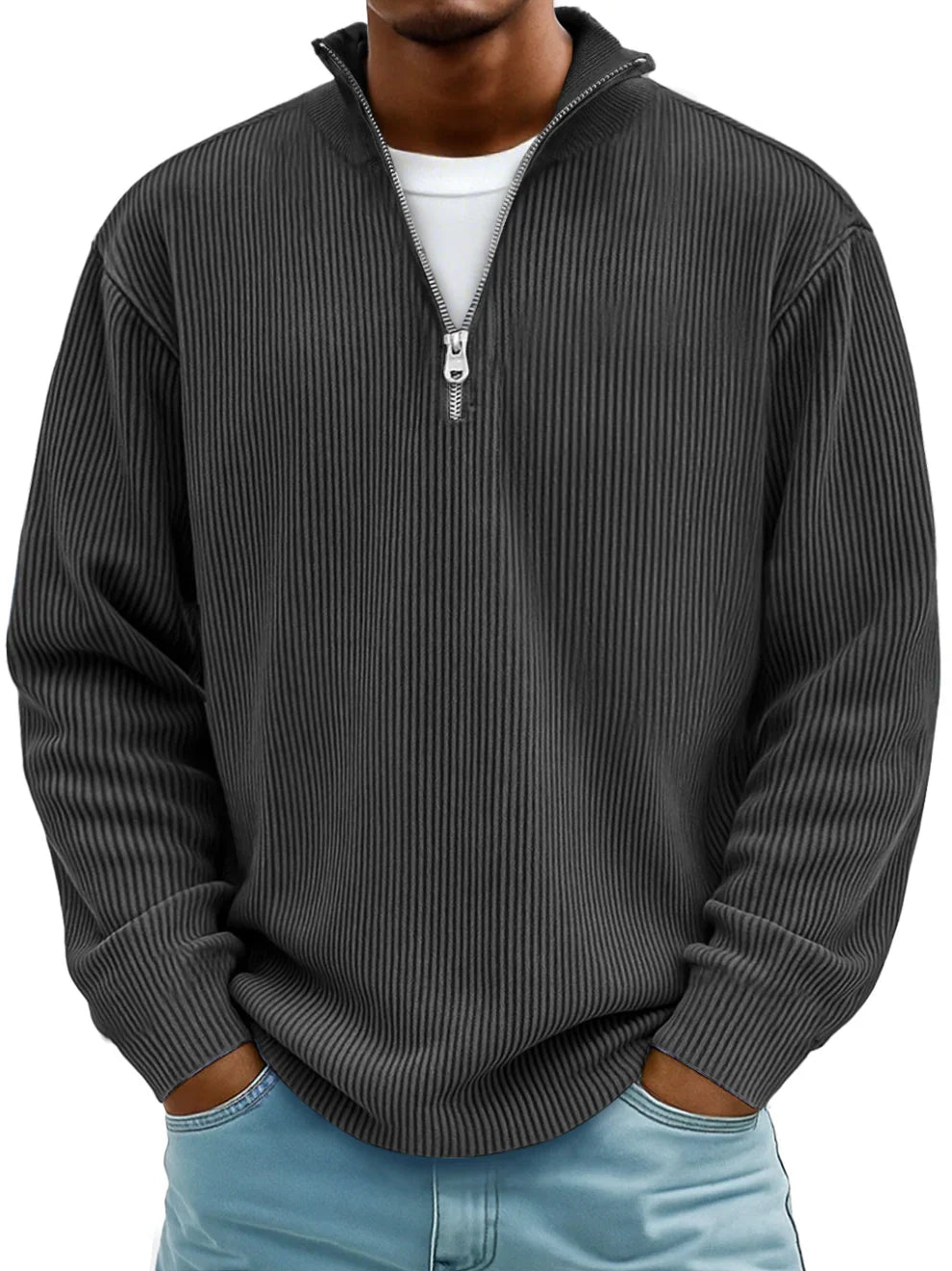 Men's Ribbed Knit Sweater with Quarter Zip and Stand Collar