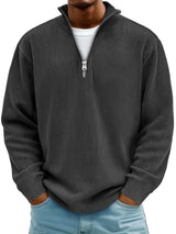 Men's Ribbed Knit Sweater with Quarter Zip and Stand Collar