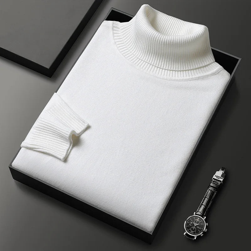 Men's Ribbed Knit Turtleneck Sweater with Cuffs and Hem