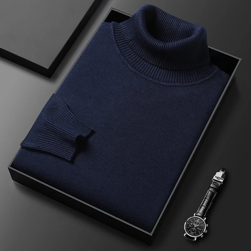 Men's Ribbed Knit Turtleneck Sweater with Cuffs and Hem