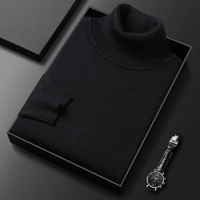 Men's Ribbed Knit Turtleneck Sweater with Cuffs and Hem