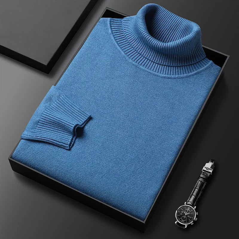 Men's Ribbed Knit Turtleneck Sweater with Cuffs and Hem
