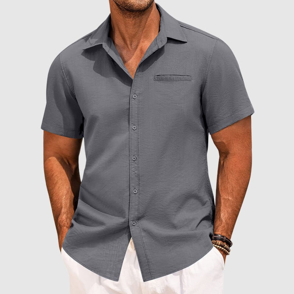 Men's Casual Button-Up Shirt – Short Sleeve, Lapel Collar & Chest Pocket