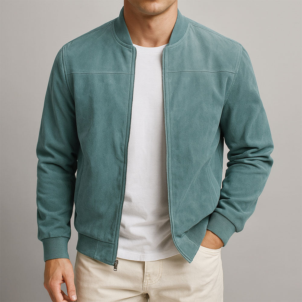 Men's Suede Bomber Jacket with Zip Front and Rib Trim