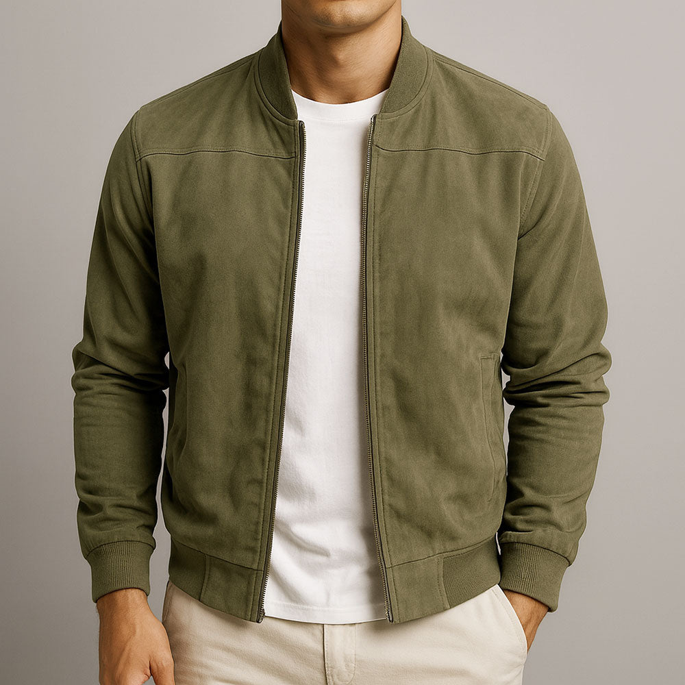 Men's Suede Bomber Jacket with Zip Front and Rib Trim