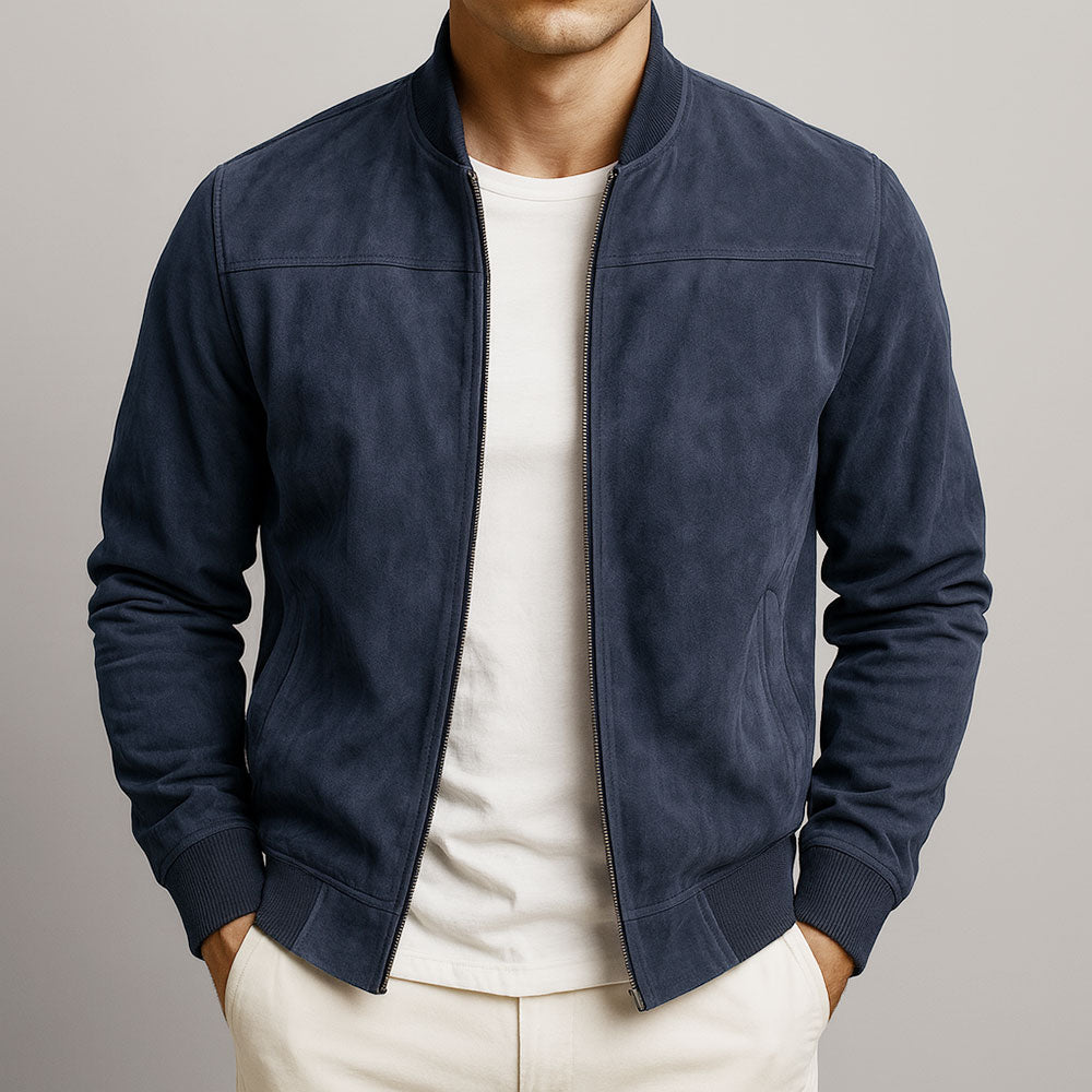Men's Suede Bomber Jacket with Zip Front and Rib Trim