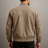 Men's Suede Bomber Jacket with Zip Front and Rib Trim
