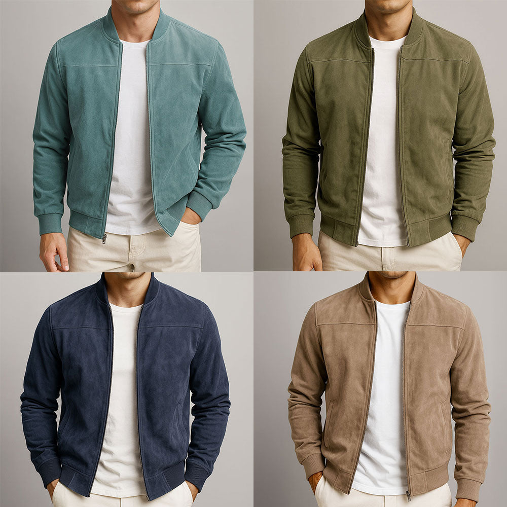 Men's Suede Bomber Jacket with Zip Front and Rib Trim