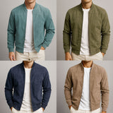 Men's Suede Bomber Jacket with Zip Front and Rib Trim