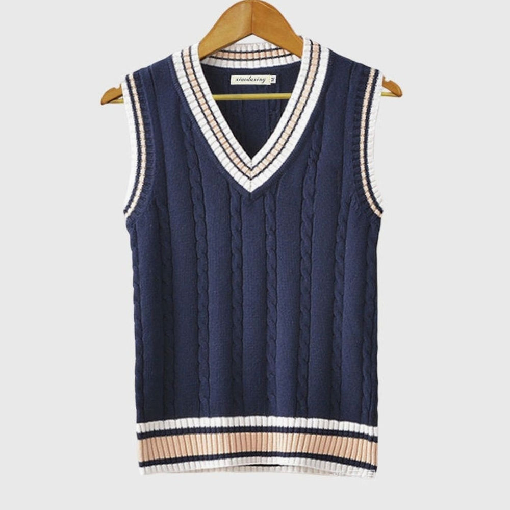 Oliver | Men's V-Neck Cable Knit Striped-Trim Sleeveless Sweater Vest