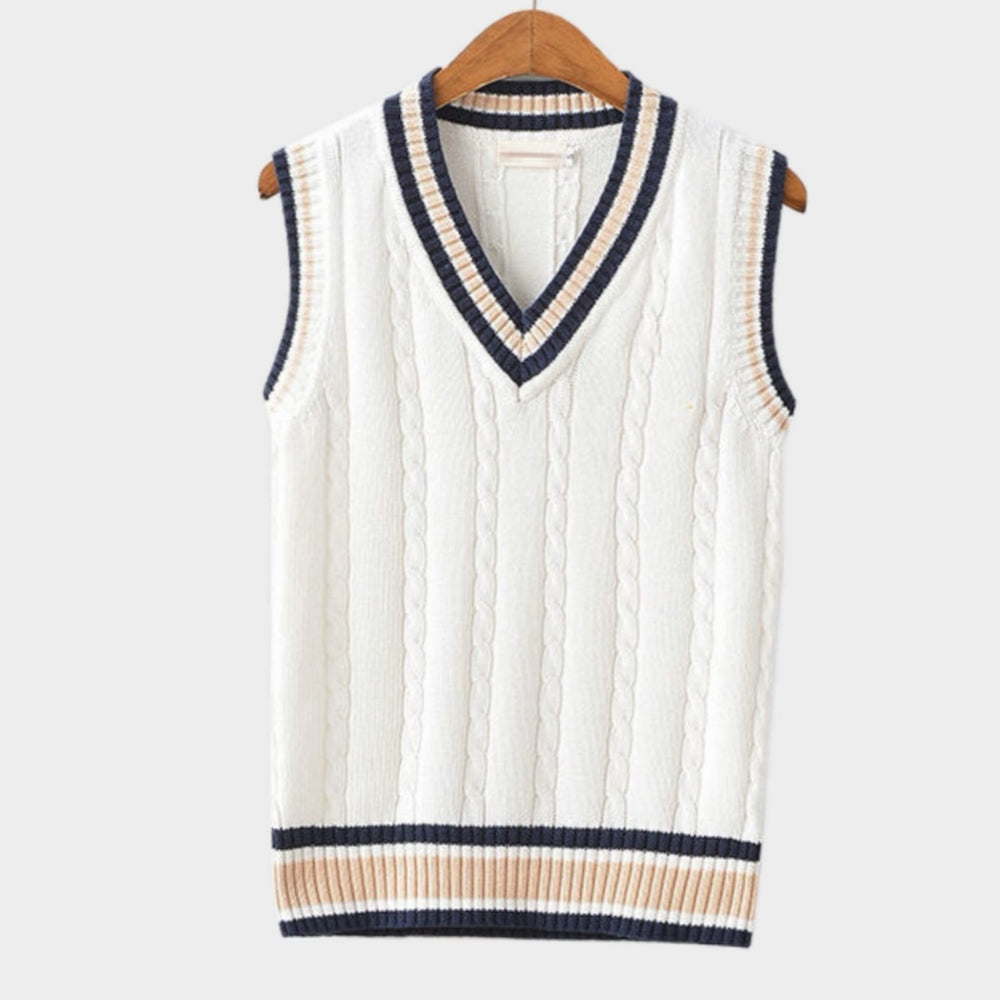 Oliver | Men's V-Neck Cable Knit Striped-Trim Sleeveless Sweater Vest - 2