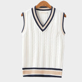 Oliver | Men's V-Neck Cable Knit Striped-Trim Sleeveless Sweater Vest - 2