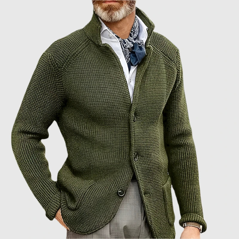 Men's Waffle-Knit Cardigan Sweater with Stand Collar and Button Front