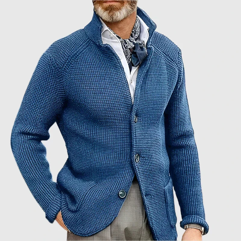 Men's Waffle-Knit Cardigan Sweater with Stand Collar and Button Front