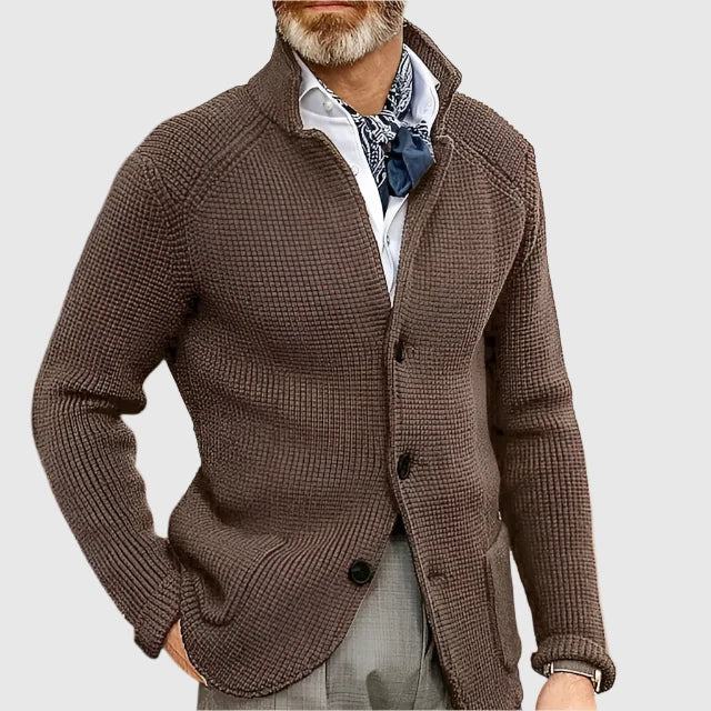 Men's Waffle-Knit Cardigan Sweater with Stand Collar and Button Front