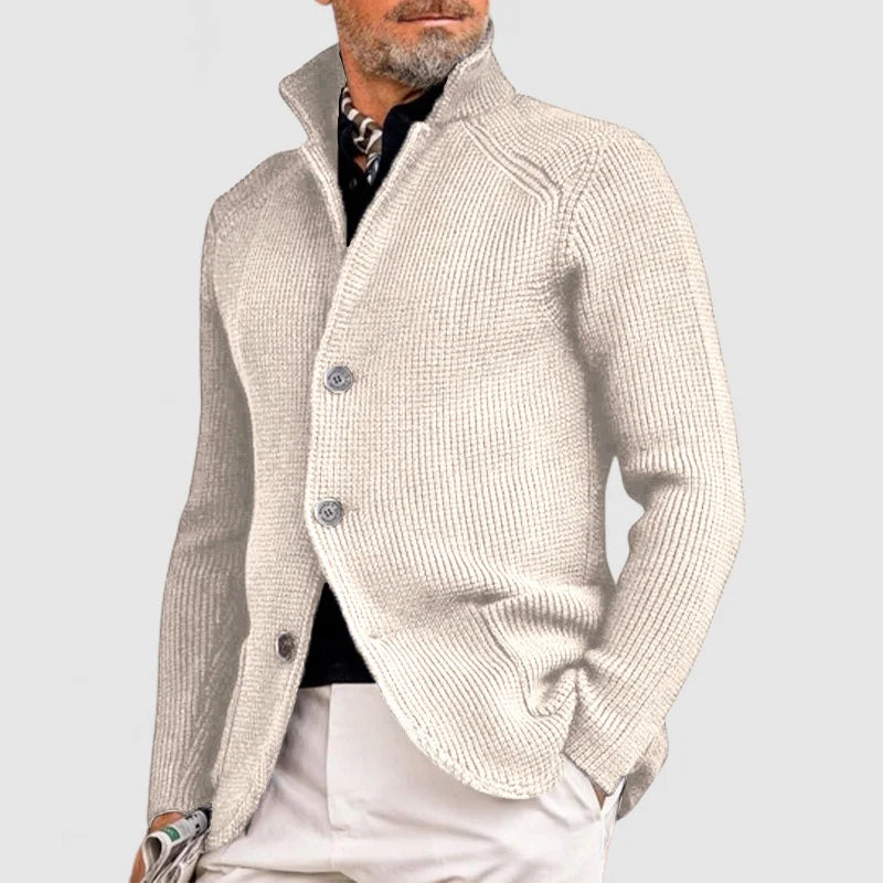 Men's Waffle-Knit Cardigan Sweater with Stand Collar and Button Front