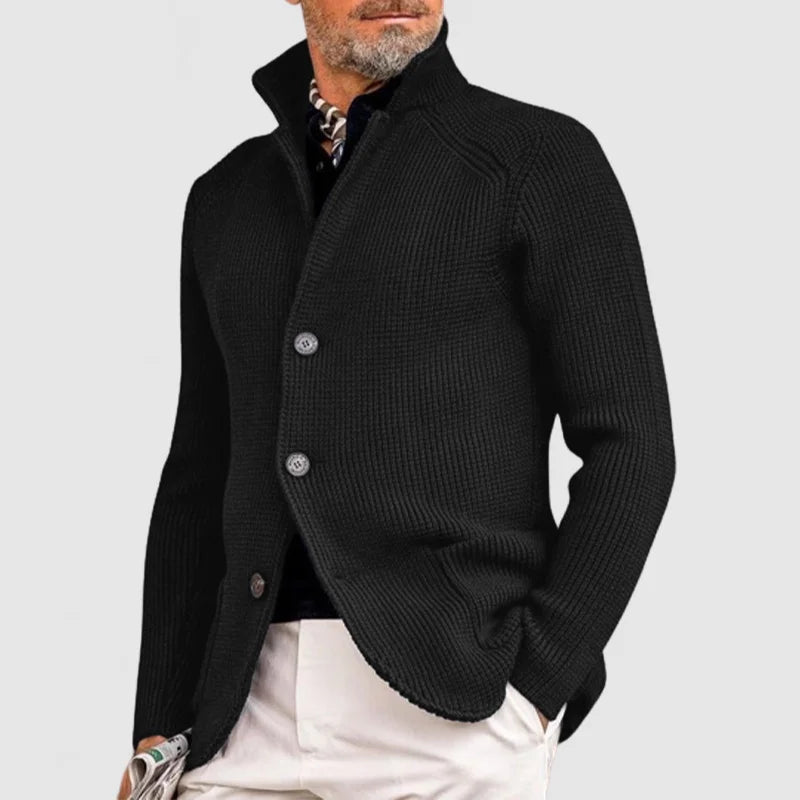 Men's Waffle-Knit Cardigan Sweater with Stand Collar and Button Front