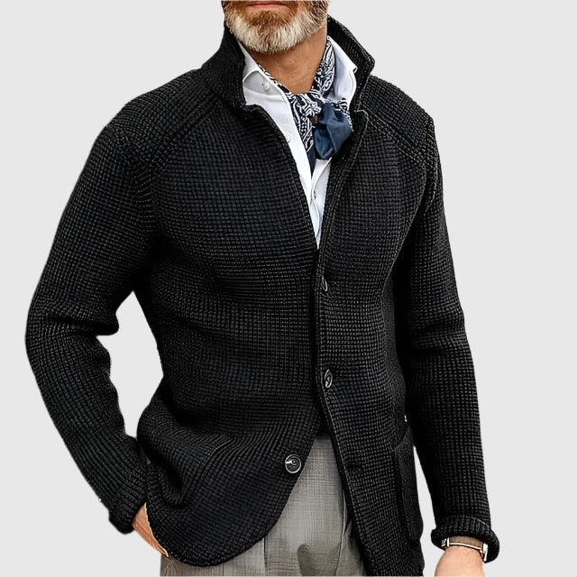 Men's Waffle-Knit Cardigan Sweater with Stand Collar and Button Front