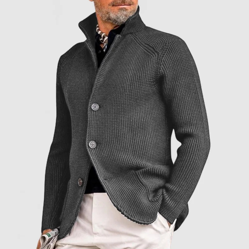 Men's Waffle-Knit Cardigan Sweater with Stand Collar and Button Front