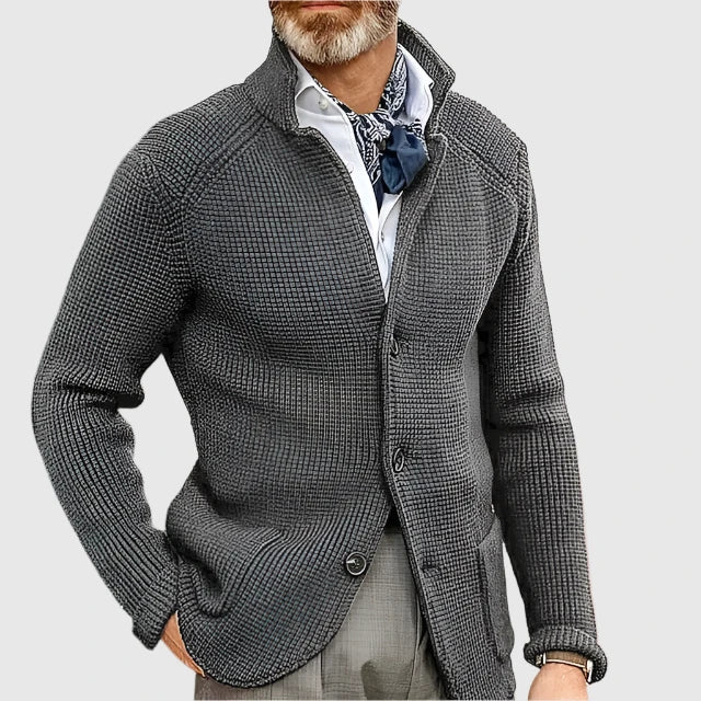 Men's Waffle-Knit Cardigan Sweater with Stand Collar and Button Front