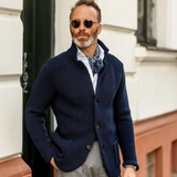Men's Waffle-Knit Cardigan Sweater with Stand Collar and Button Front