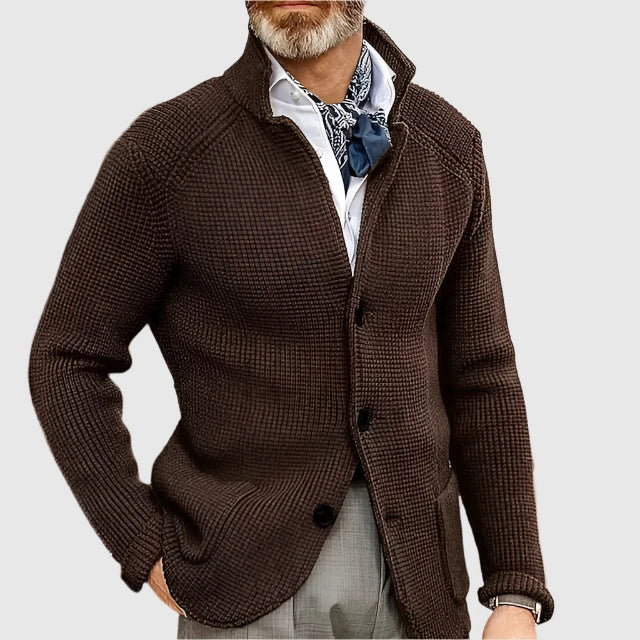 Men's Waffle-Knit Cardigan Sweater with Stand Collar and Button Front