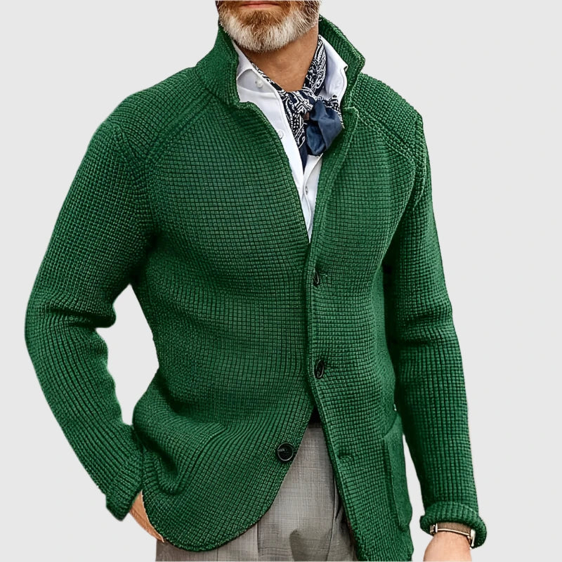 Men's Waffle-Knit Cardigan Sweater with Stand Collar and Button Front