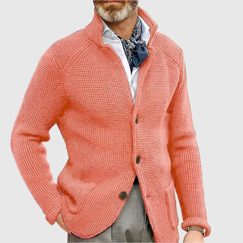 Men's Waffle-Knit Cardigan Sweater with Stand Collar and Button Front