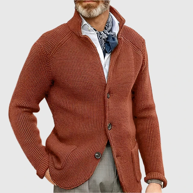 Men's Waffle-Knit Cardigan Sweater with Stand Collar and Button Front