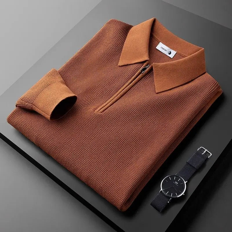 Men's Waffle Knit Sweater with Quarter Zip and Pointed Collar