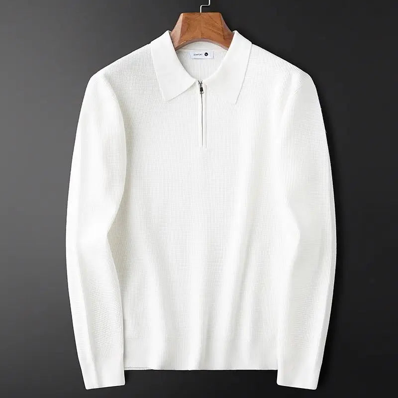 Men's Waffle Knit Sweater with Quarter Zip and Pointed Collar