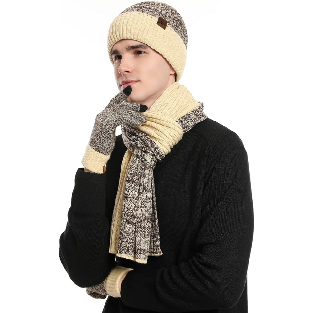 Victor Men's Winter Beanie and Gloves Set - Warm Knit Hat and Touchscreen Gloves for Cold Weather