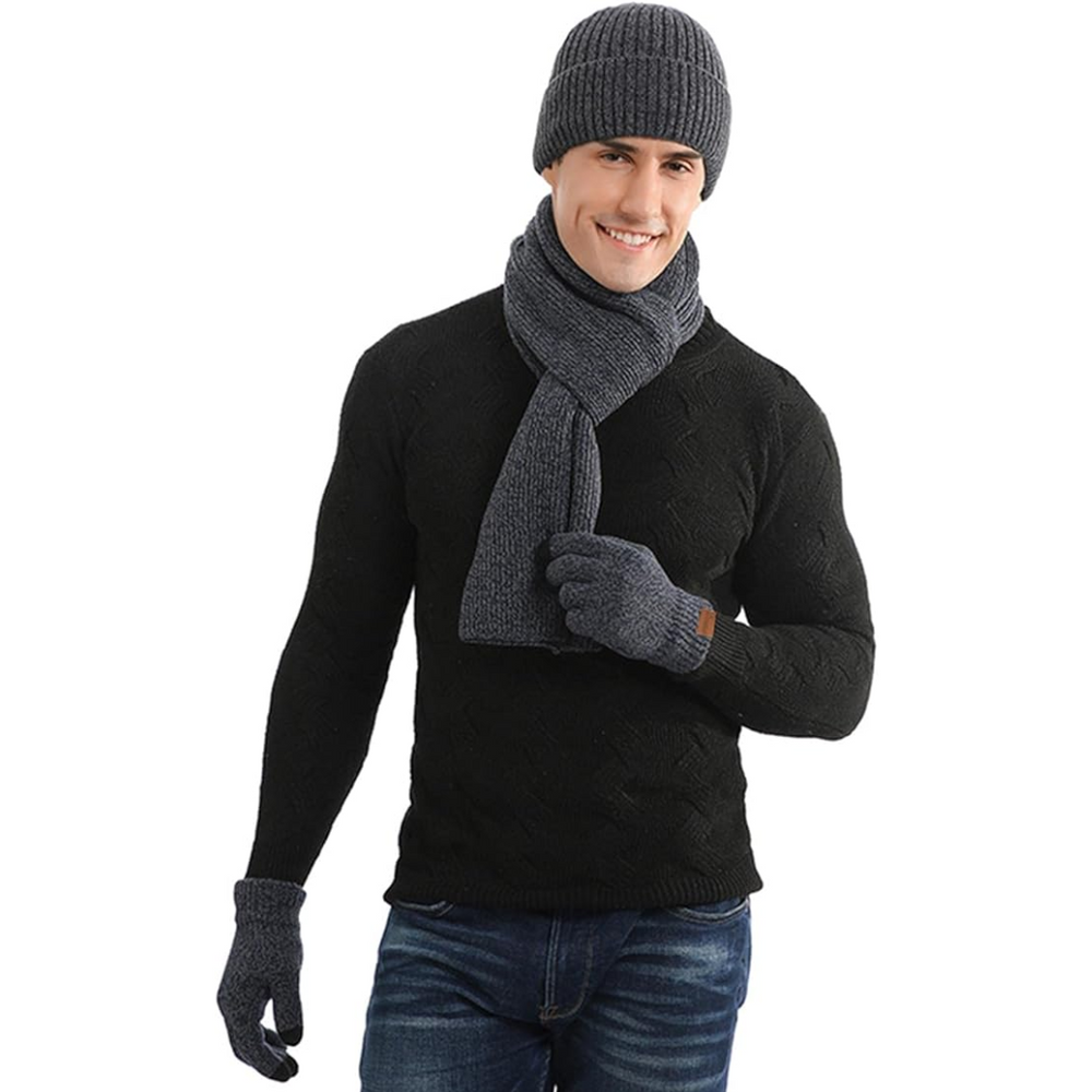 Victor Men's Winter Beanie and Gloves Set - Warm Knit Hat and Touchscreen Gloves for Cold Weather