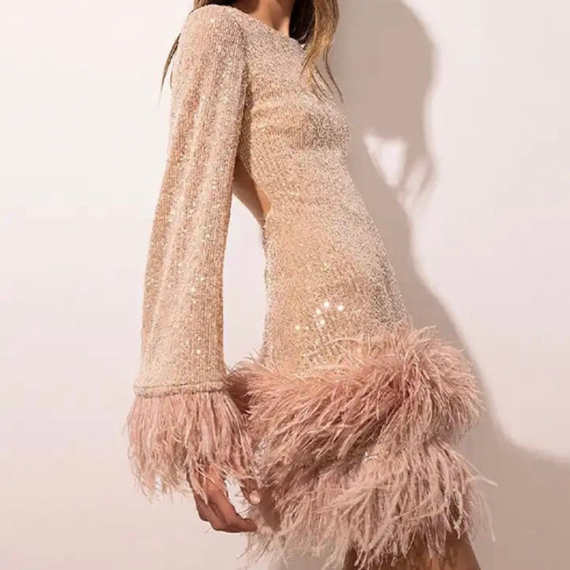 Women's Mini Fitted Dress with Sequin Hem and Feather Details - Elegant Party Wear