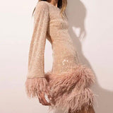 Women's Mini Fitted Dress with Sequin Hem and Feather Details - Elegant Party Wear