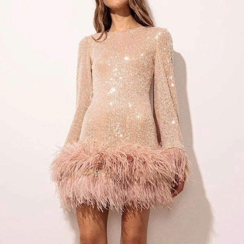 Women's Mini Fitted Dress with Sequin Hem and Feather Details - Elegant Party Wear